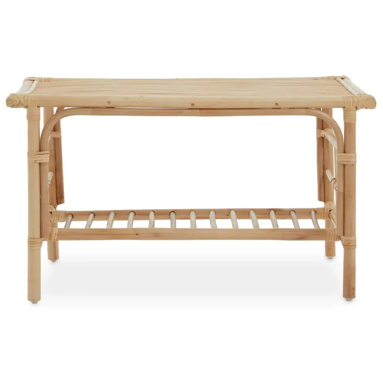 Natural rattan coffee table with slatted lower shelf and rectangular top