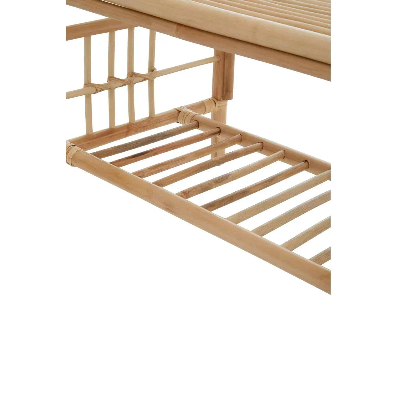 Natural wood bench with slatted shelf and curved seat detail, close-up angle
