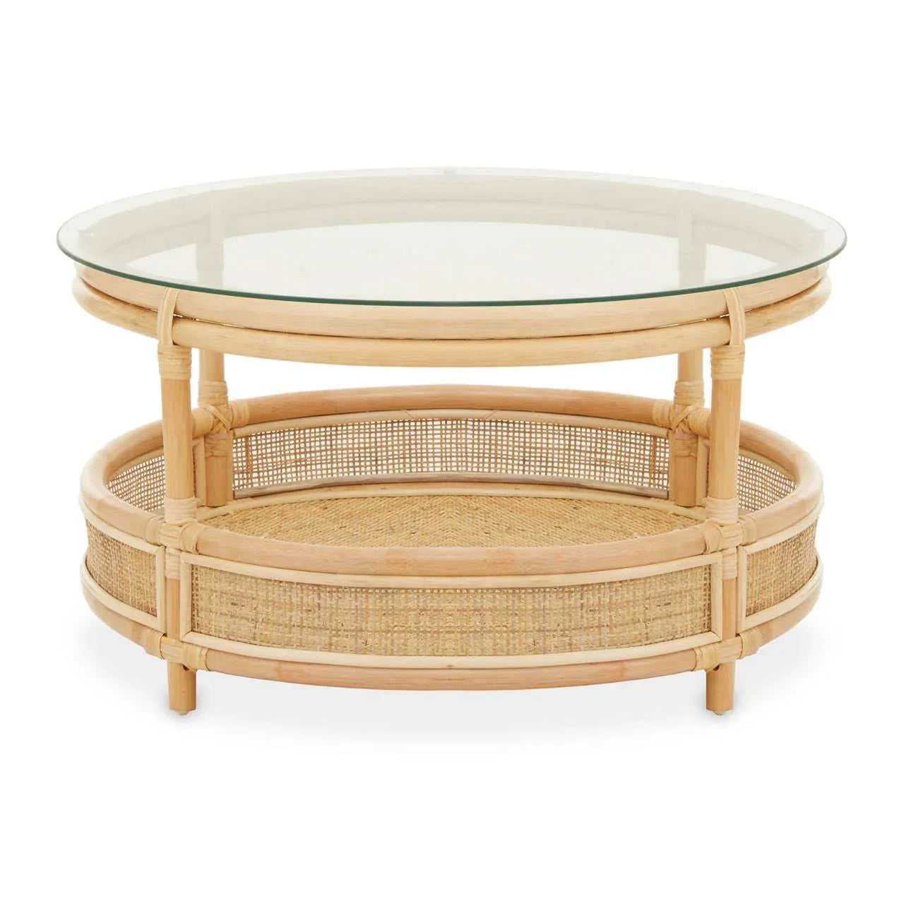 Round rattan coffee table with glass top and lower woven storage shelf
