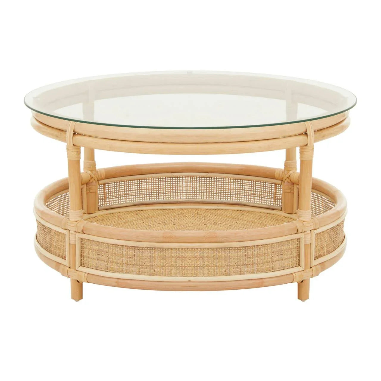 Round glass top rattan coffee table with woven shelf and natural finish