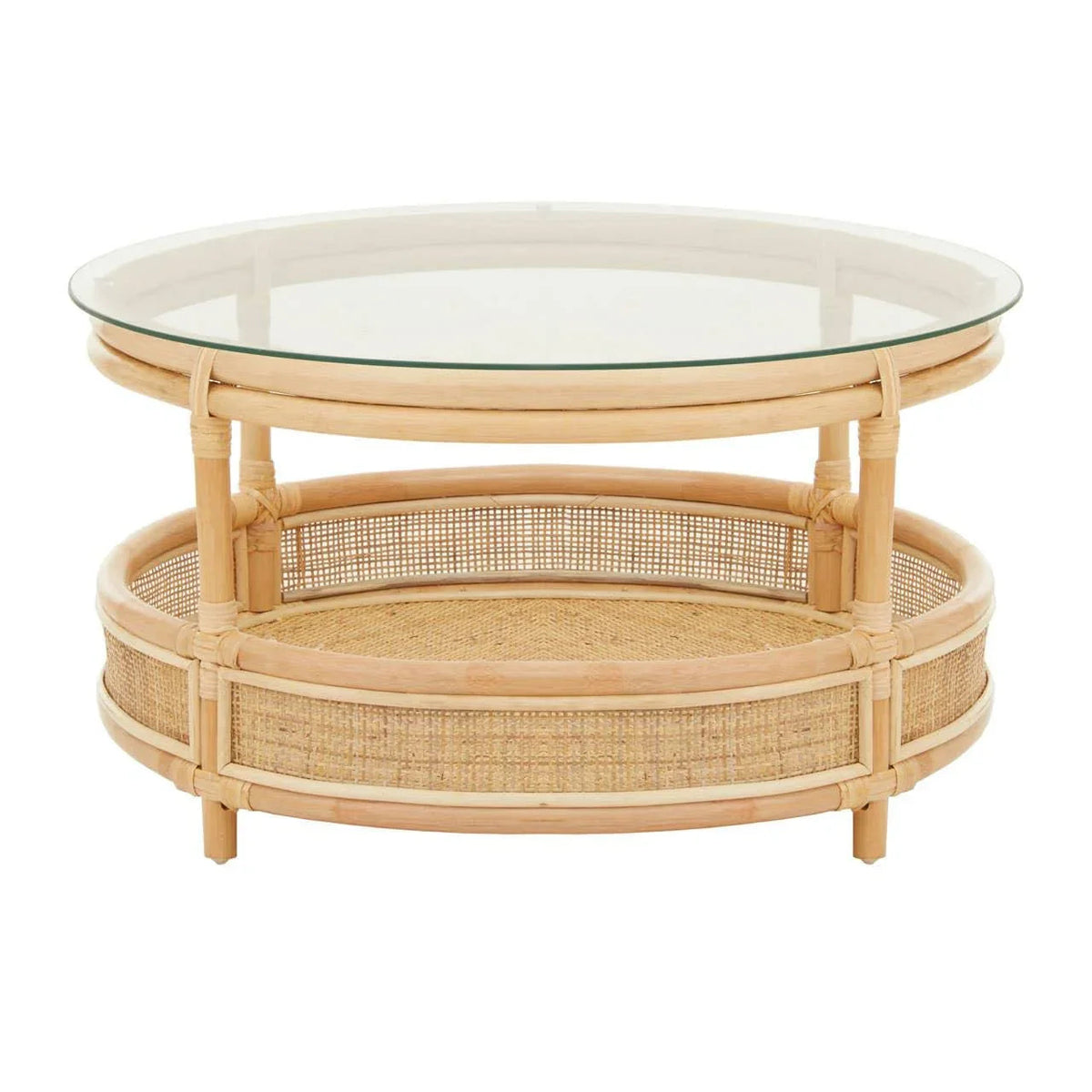 Round rattan coffee table with glass top and woven cane lower shelf