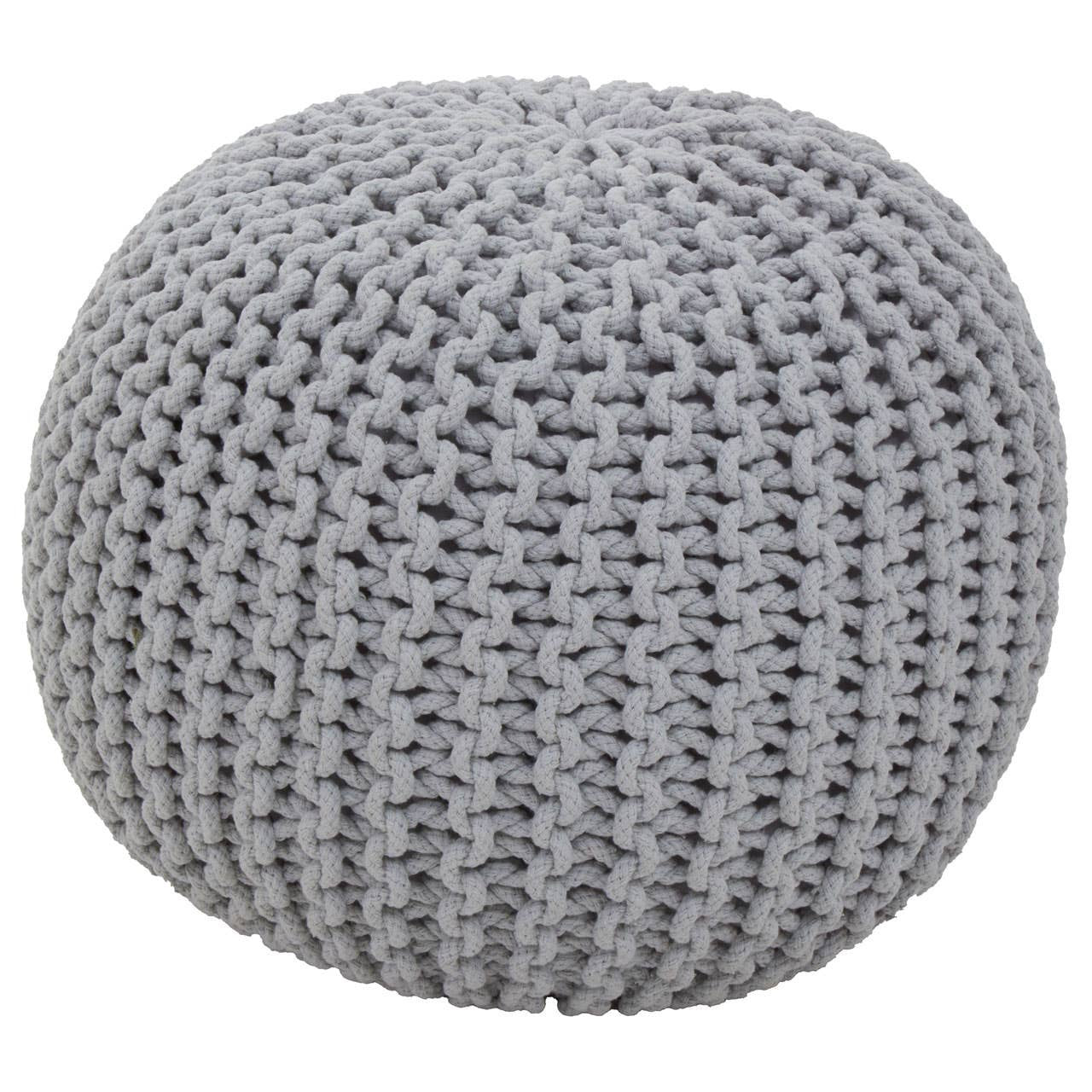 Round grey knit pouffe with a textured surface, featuring a cozy and soft appearance, suitable for children's rooms or play areas