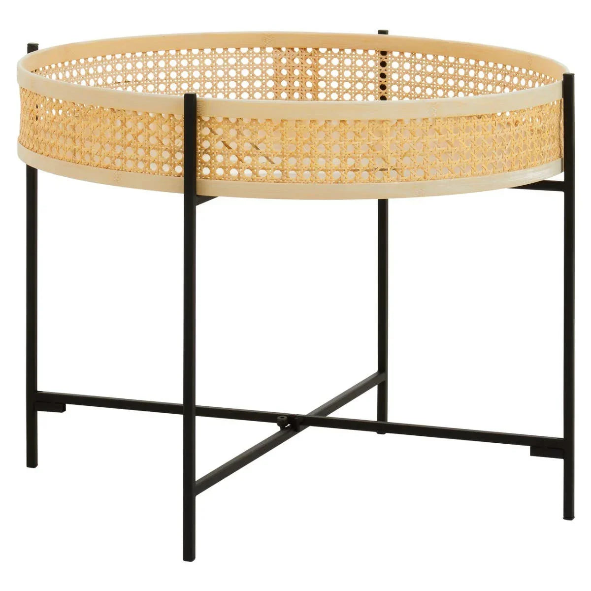 Round rattan side table with black metal legs and woven cane detail