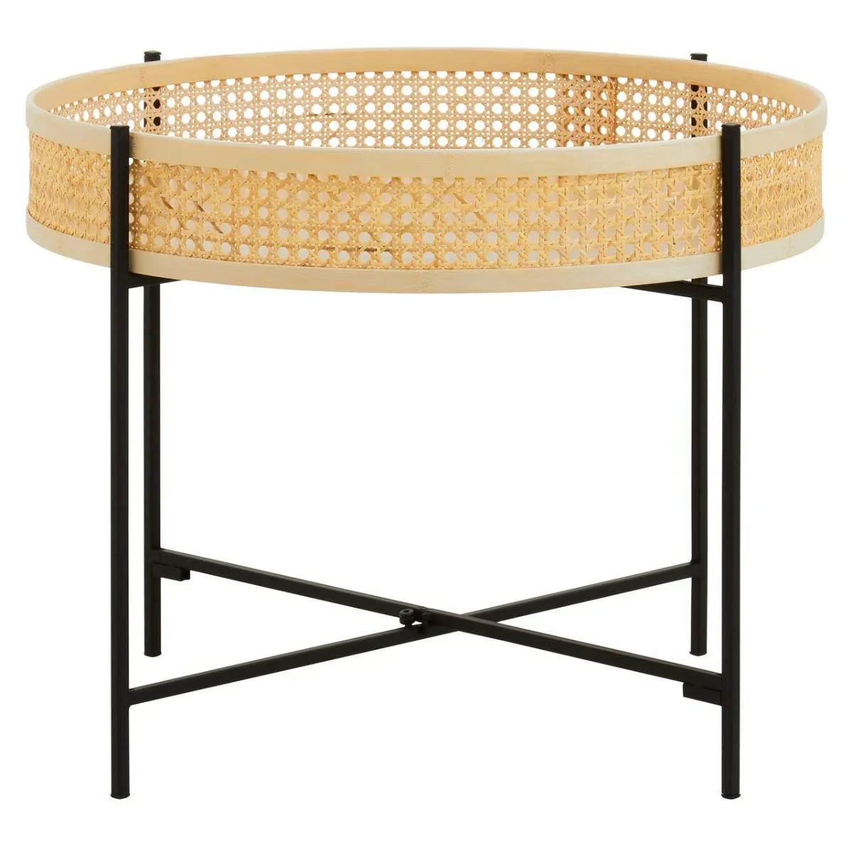Round rattan side table with cane weave detail and black metal frame