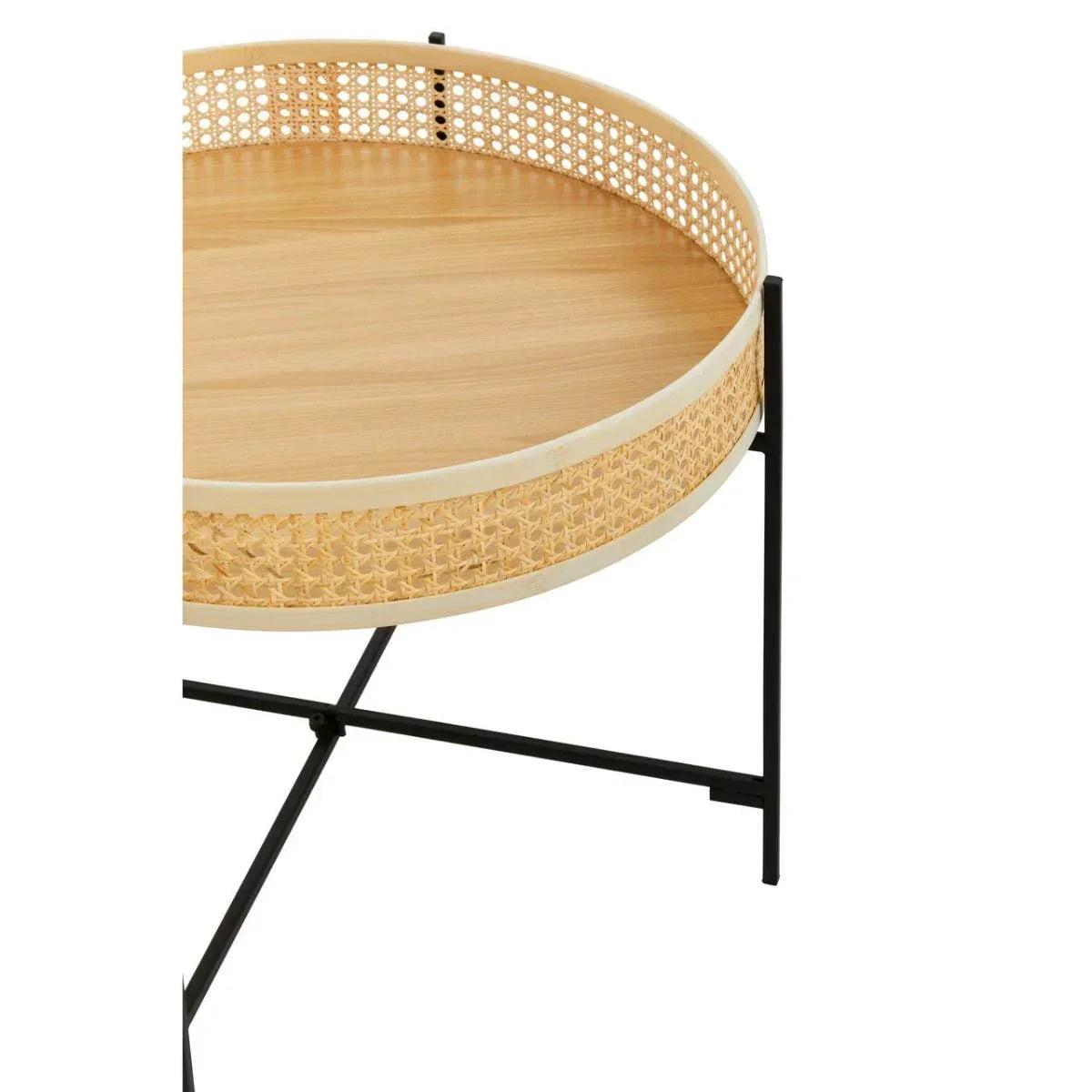 Round rattan coffee table with natural wood top and black metal legs, side view