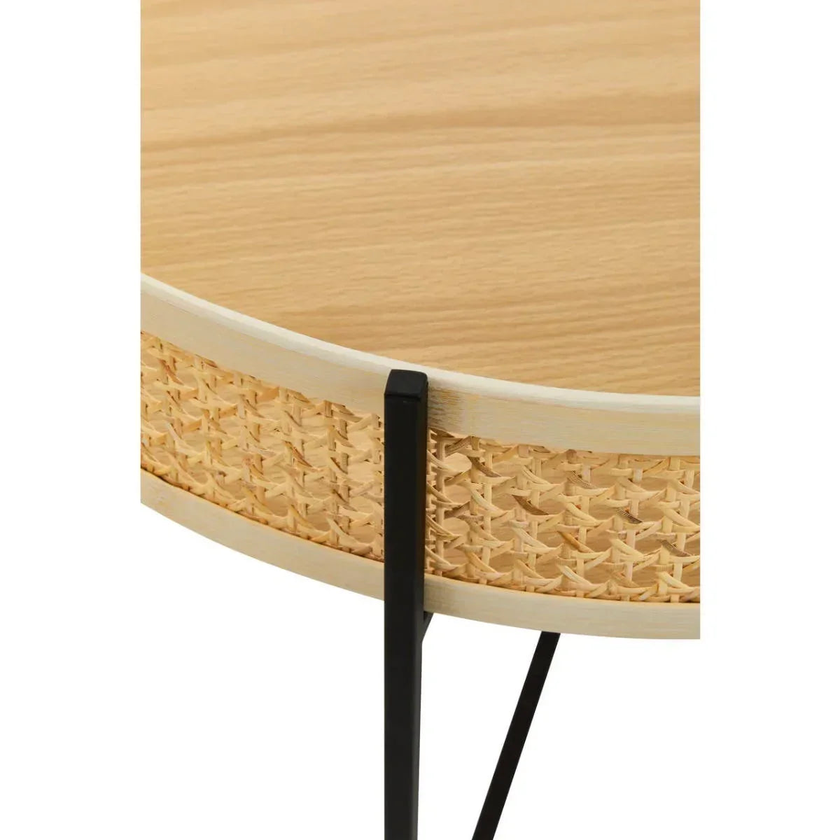 Round wooden coffee table with woven rattan sides and black metal legs, close detail view