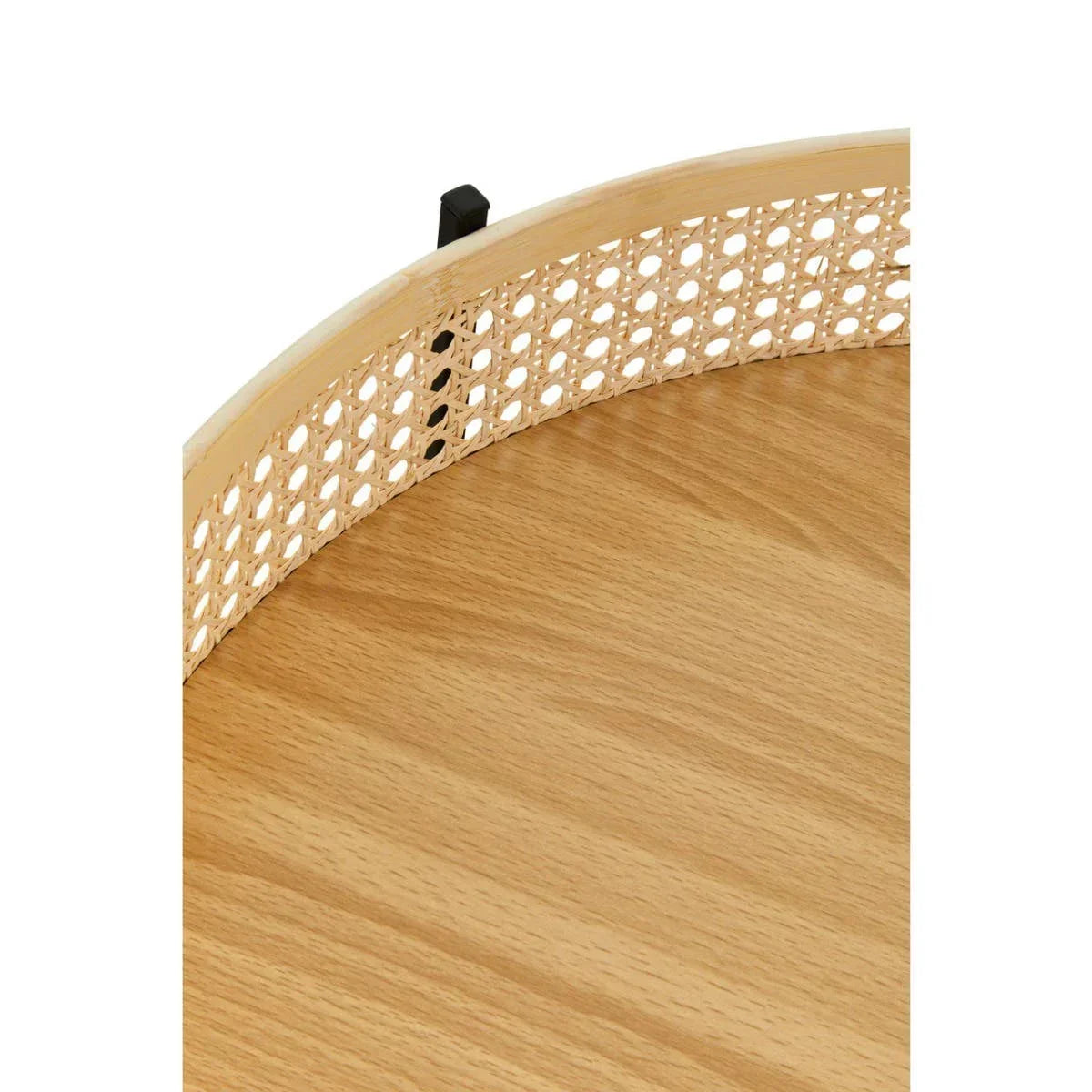 Round wood tray table with light cane rattan detail on raised edge, close-up view
