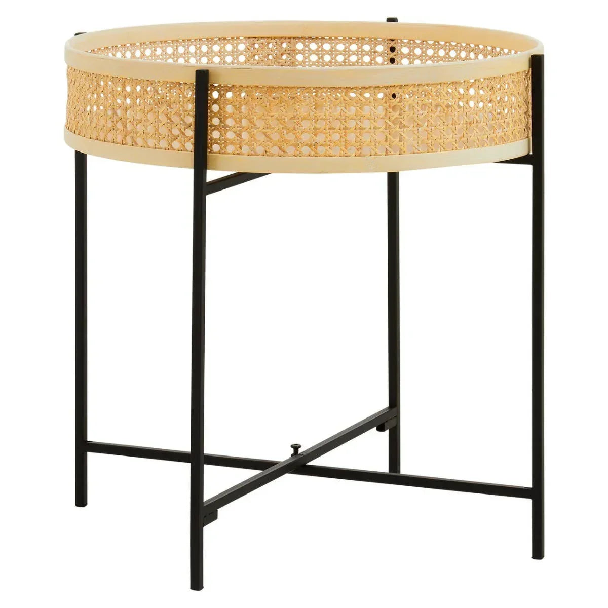 Round cane side table with black metal legs and woven rattan detail