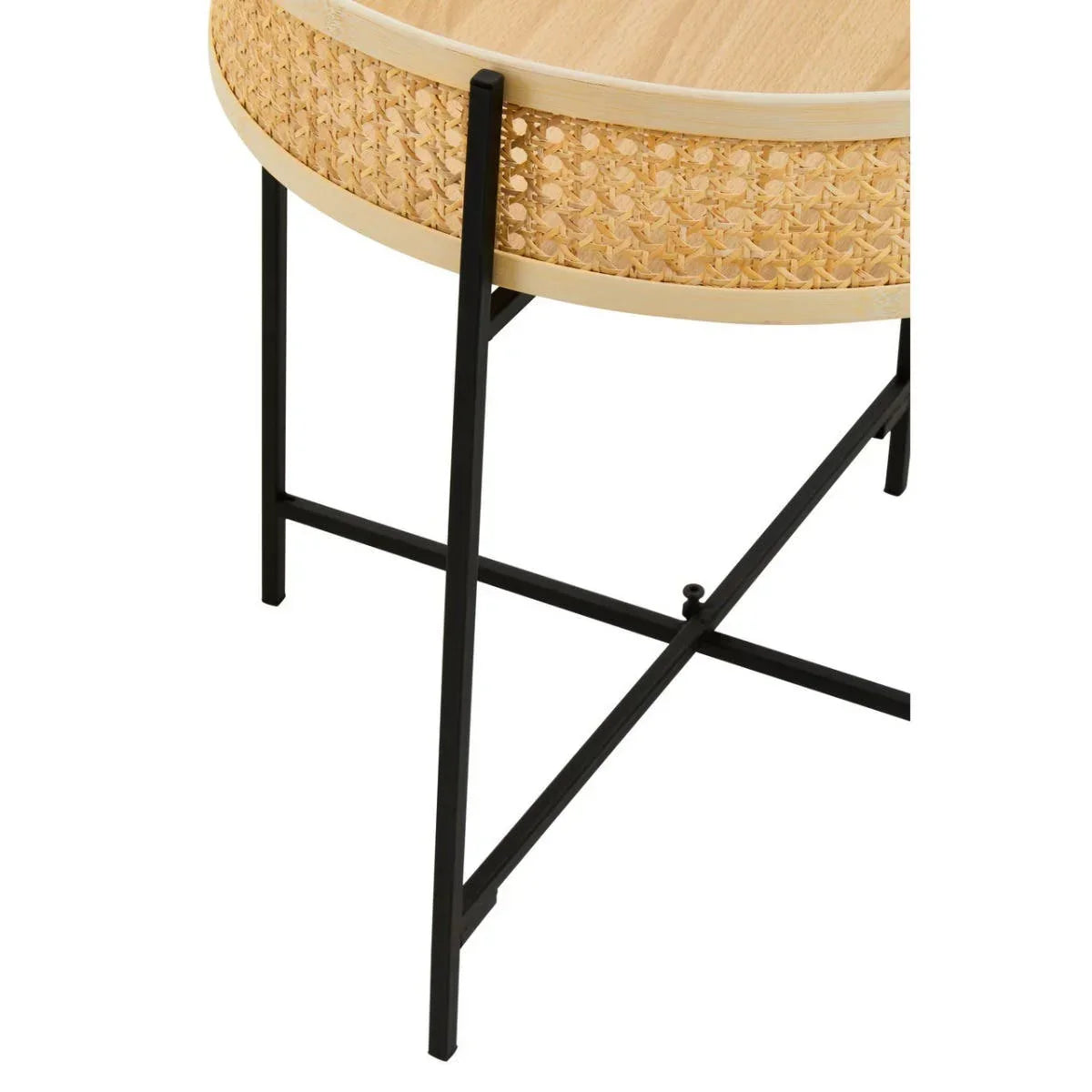 Round side table with woven rattan detail and black metal legs, close-up of base