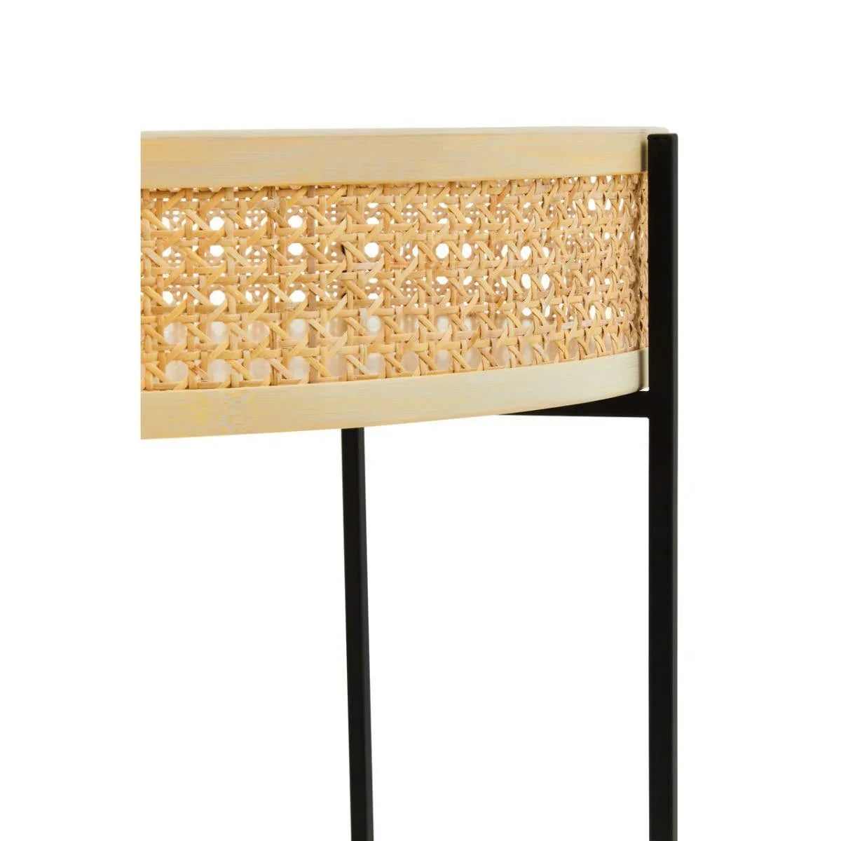 Rattan console table detail with natural woven panel and black metal legs