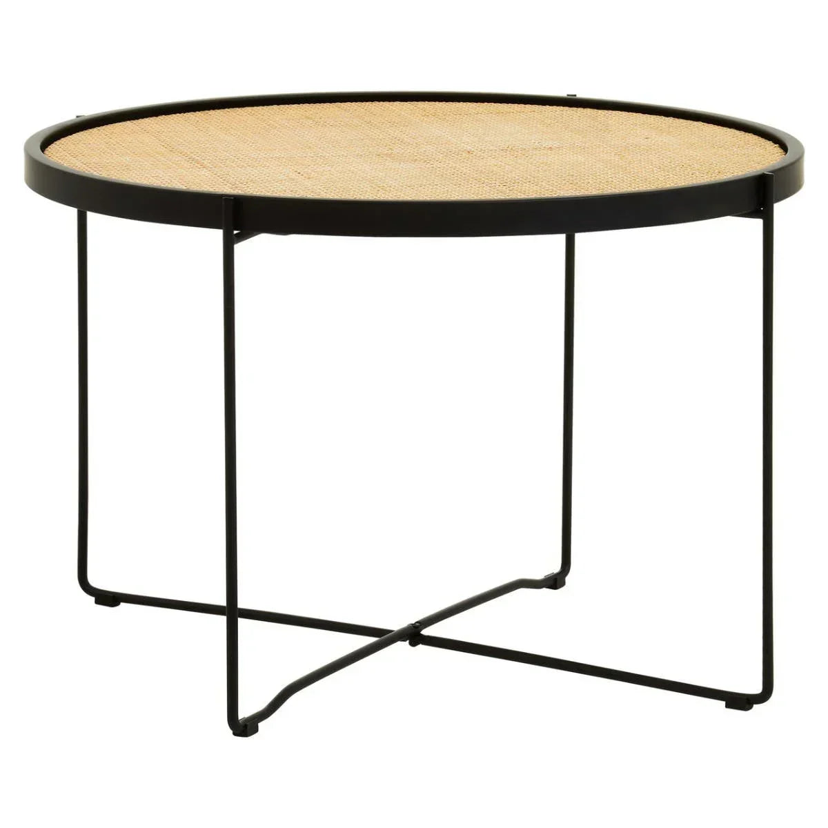 Round coffee table with black metal frame and light woven rattan top