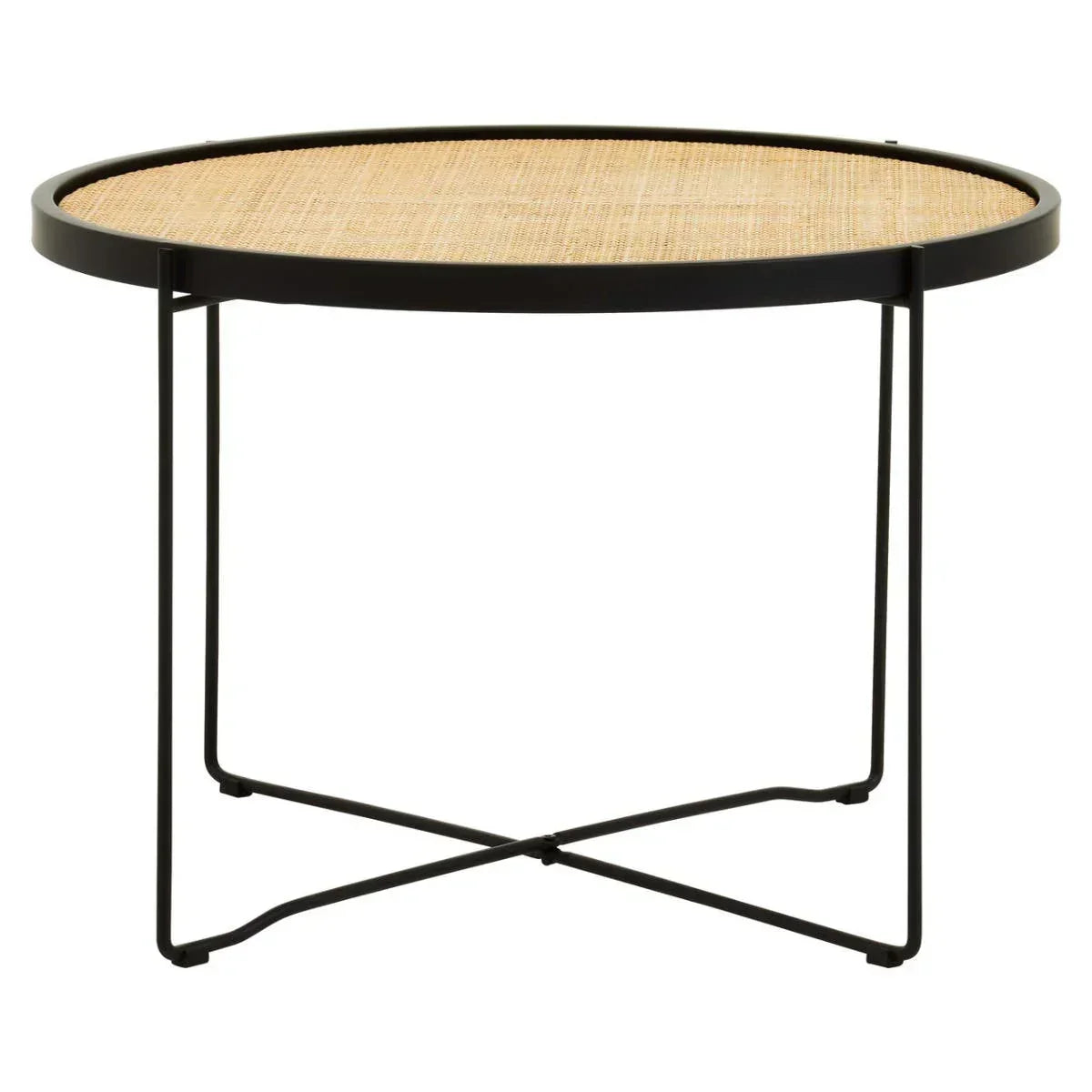 Round side table with black metal frame and light woven rattan top