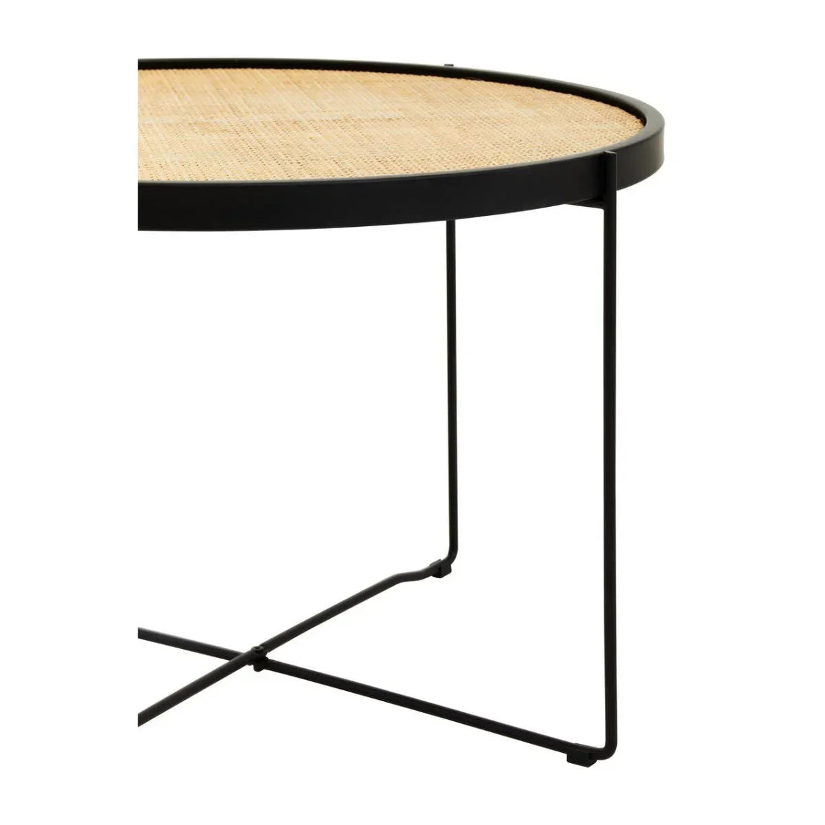 Round coffee table with light wood top and black metal frame, side angle view