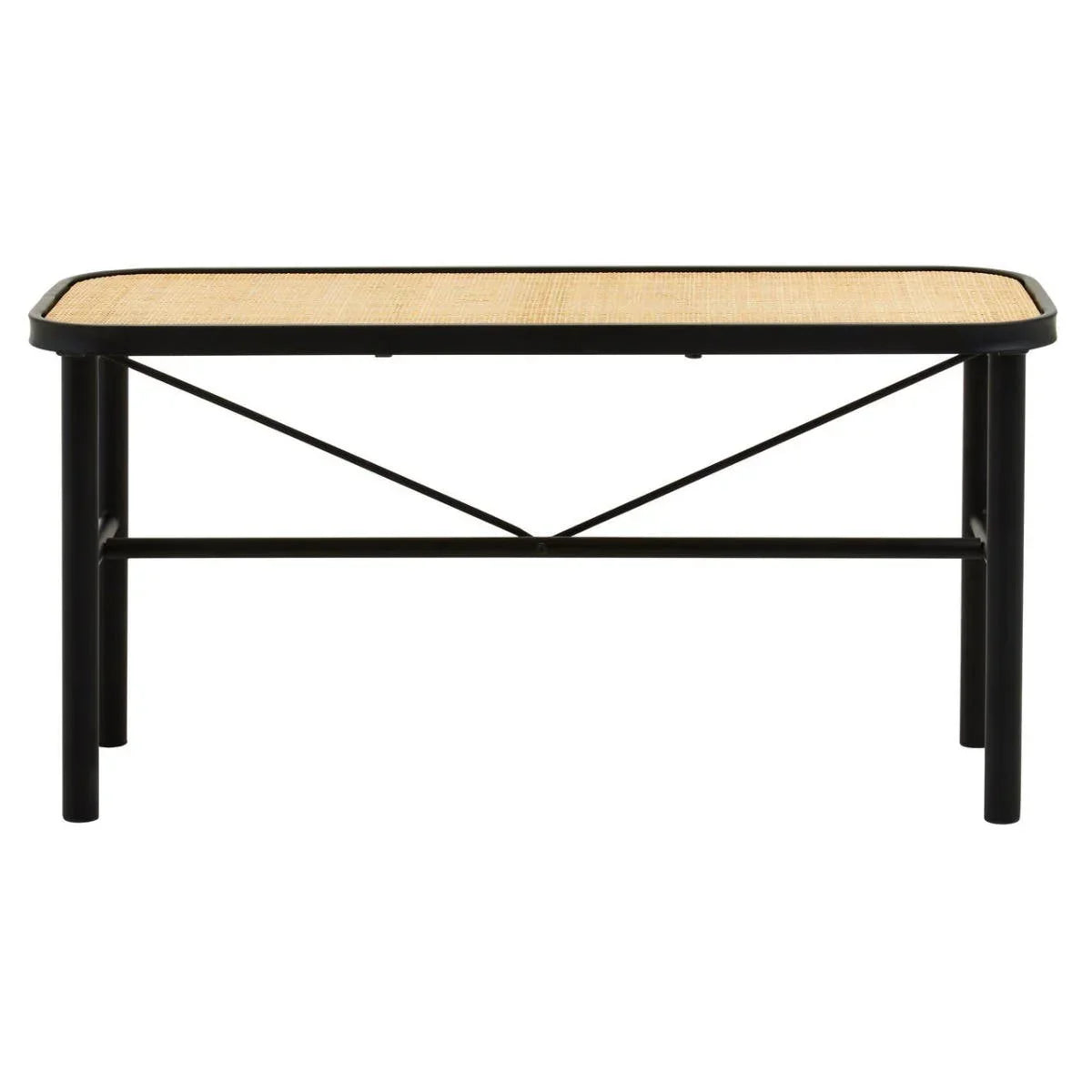 Rectangular coffee table with black metal frame and light cane top