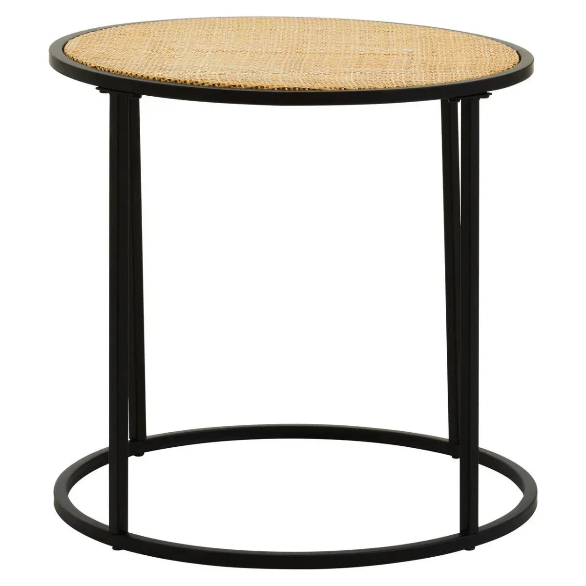 Round side table with woven rattan top and black metal frame