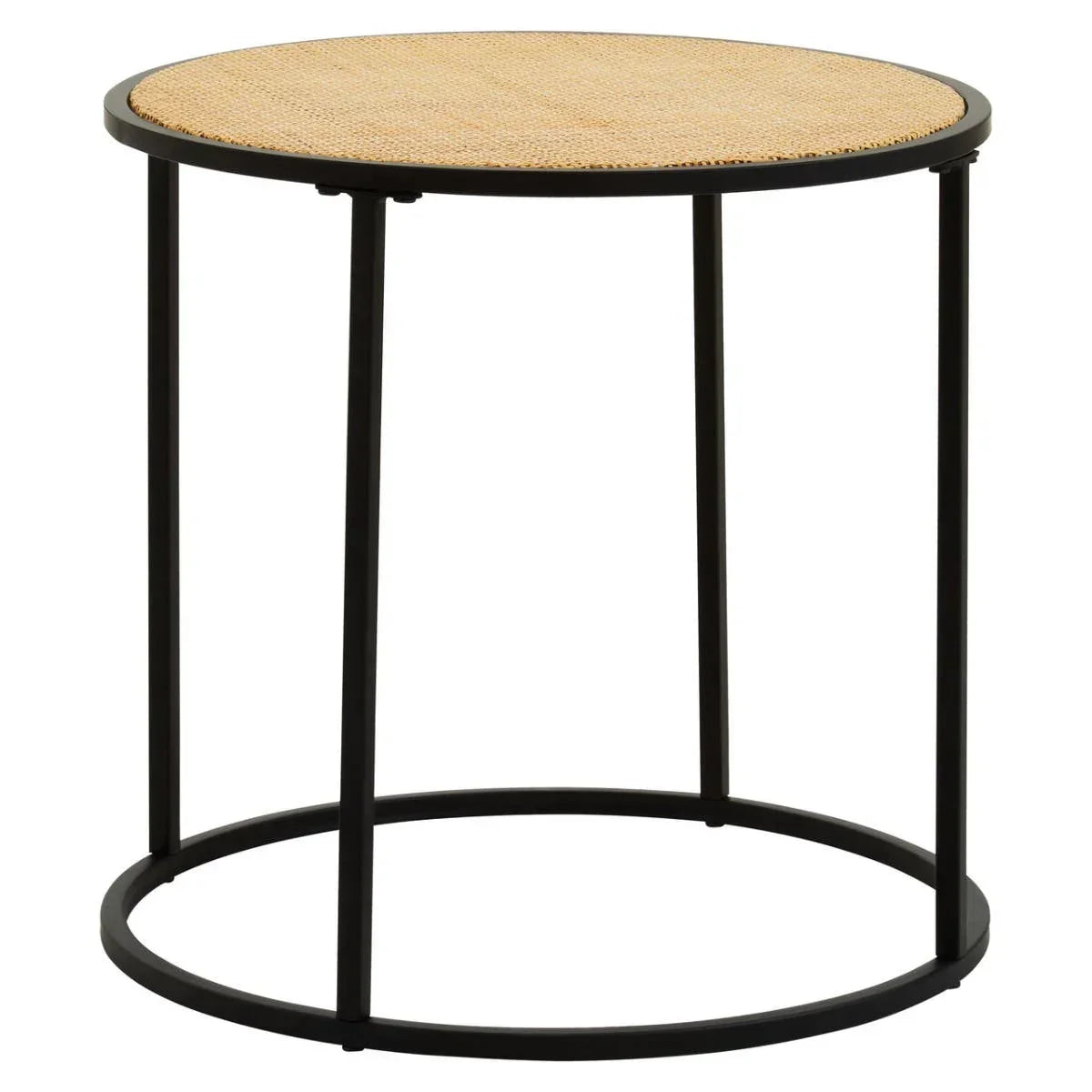 Round side table with natural woven top and black metal frame