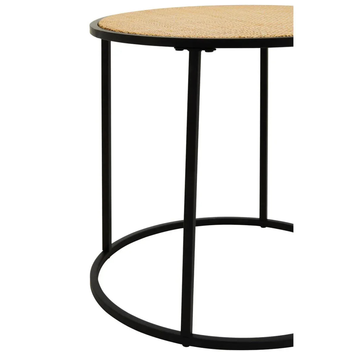 Round side table with rattan top and black metal frame, close-up of base and legs
