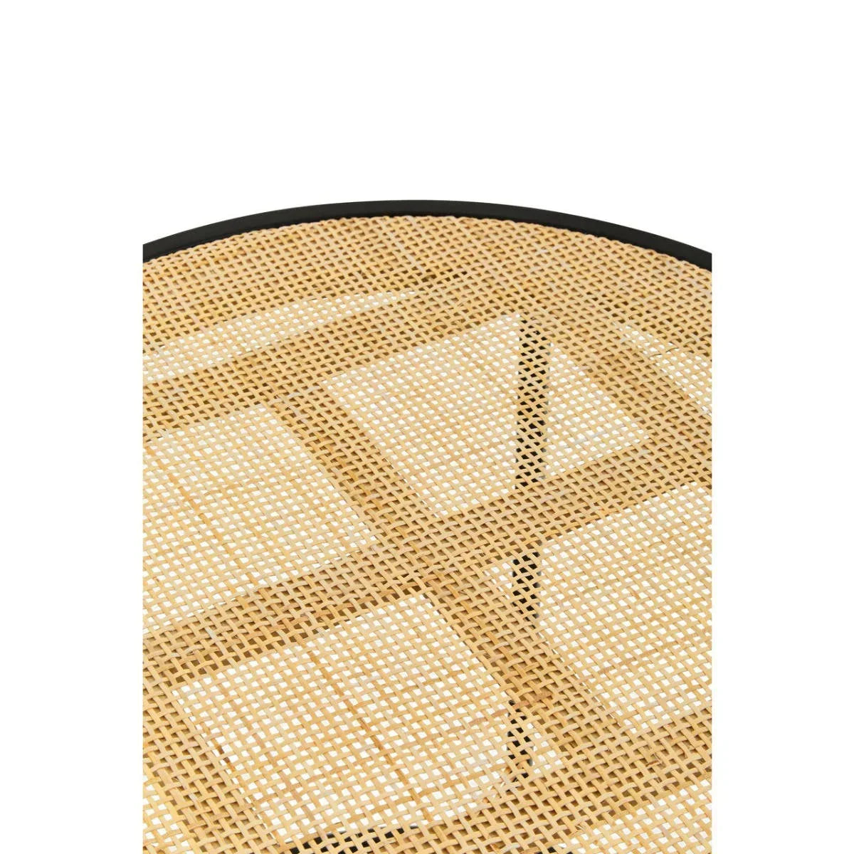 Closeup of woven rattan chair seat with black metal edge