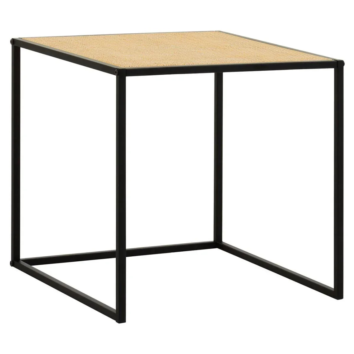Square side table with black metal frame and light wood top
