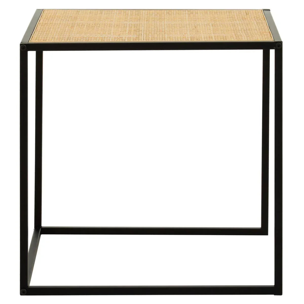 Square side table with black metal frame and woven rattan top