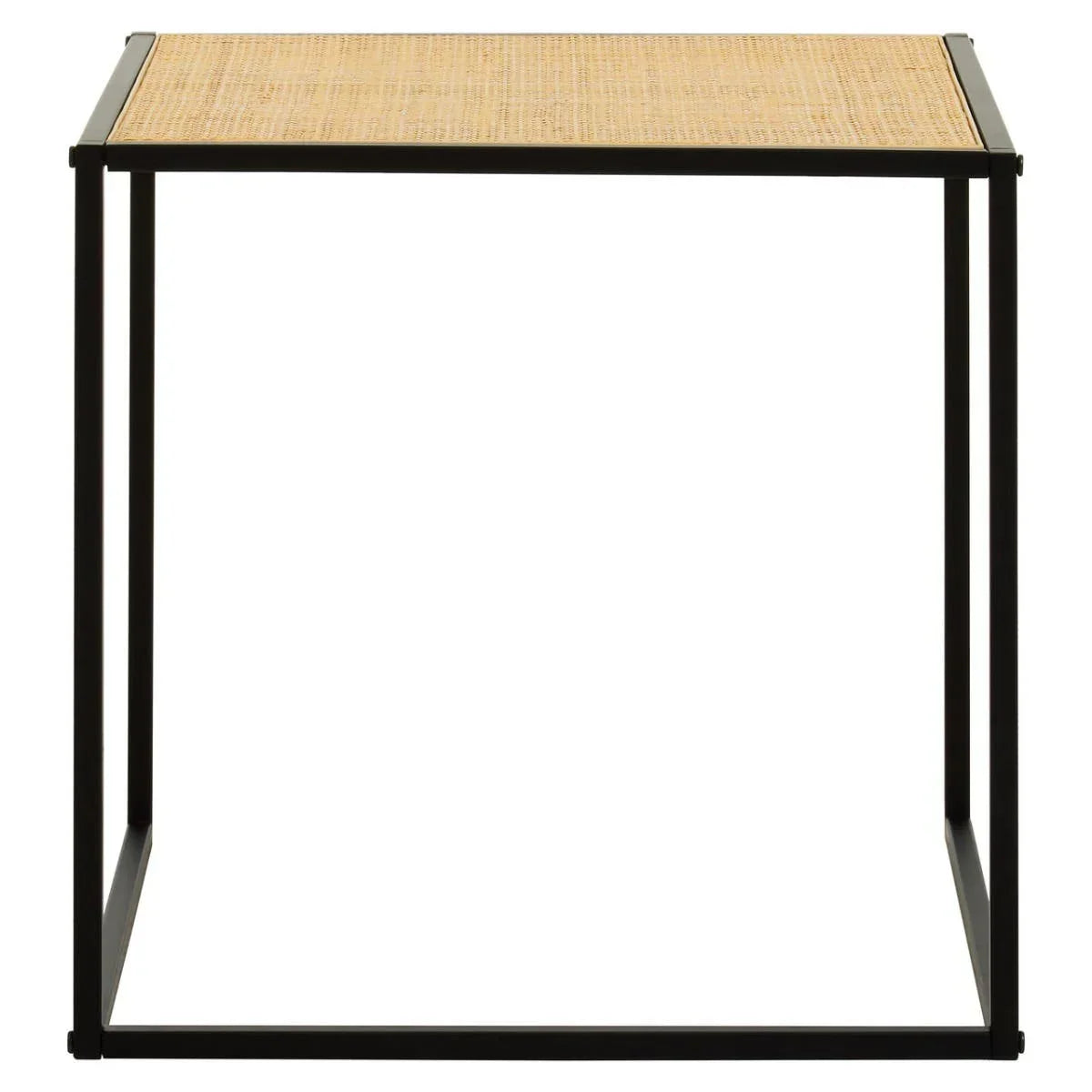 Square side table with black metal frame and light wood top, front view