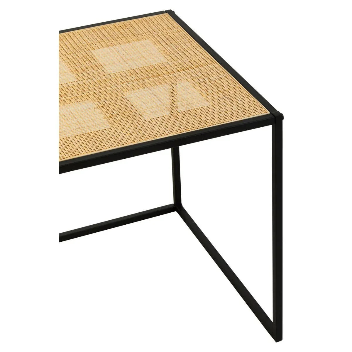 Rattan top coffee table with black metal legs, corner angle view