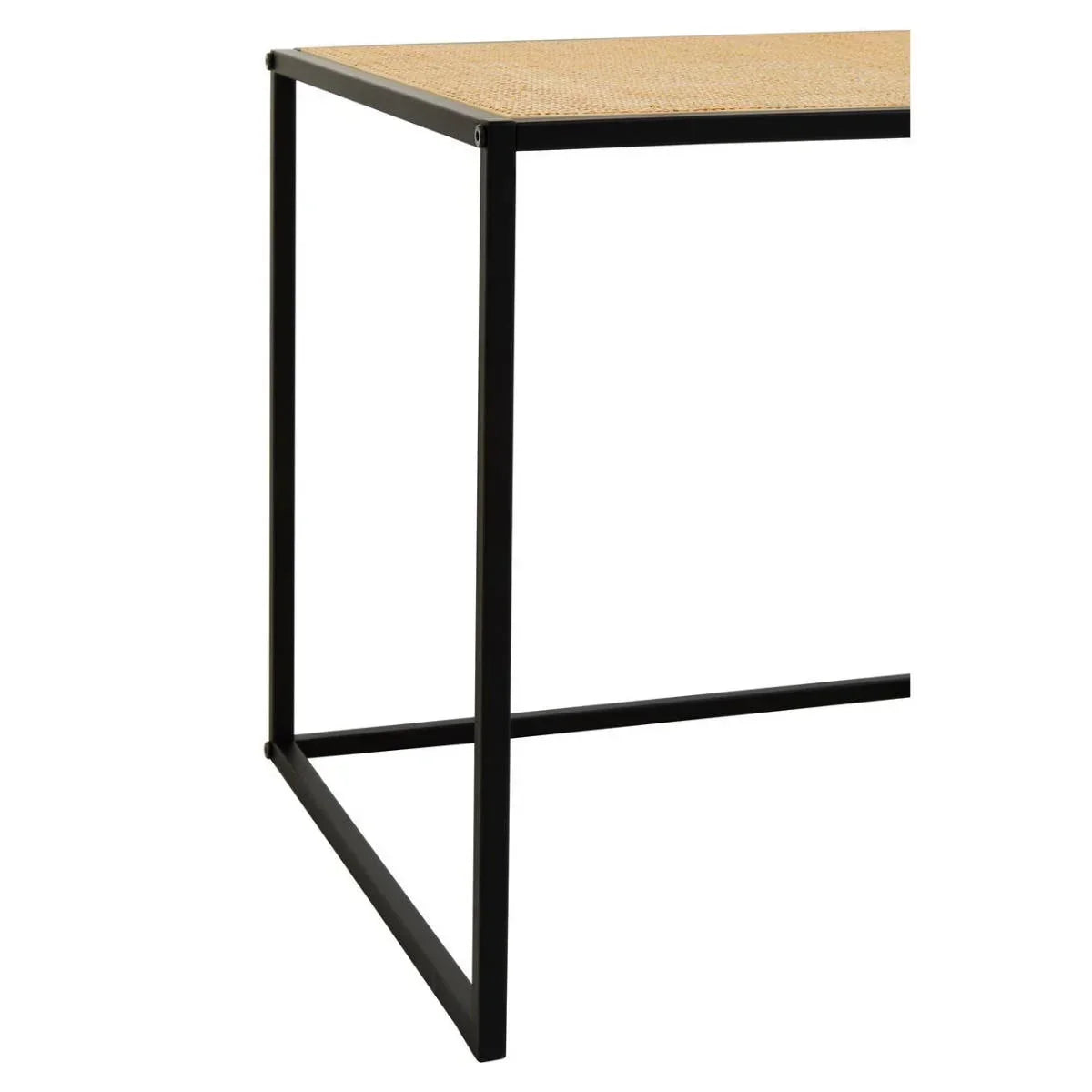Black metal side table frame with rectangular rattan top, modern minimalist design