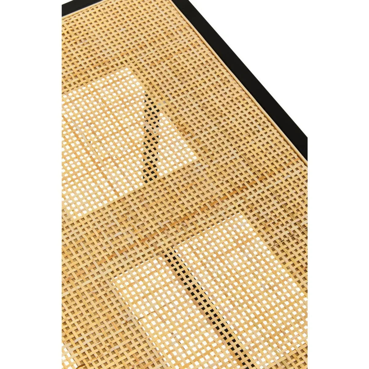 Close-up of woven rattan tabletop with black frame detail