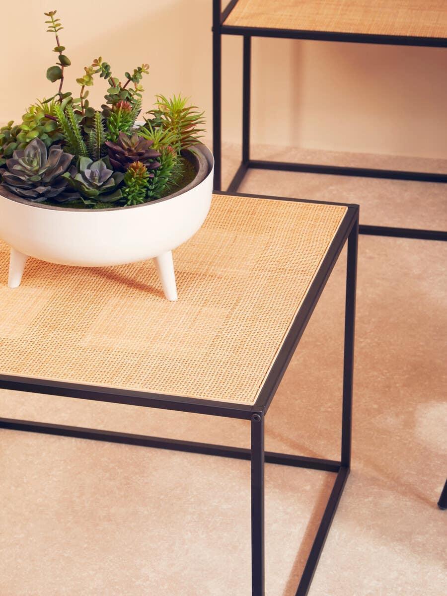 Square rattan side table with black metal frame and white planter with succulents