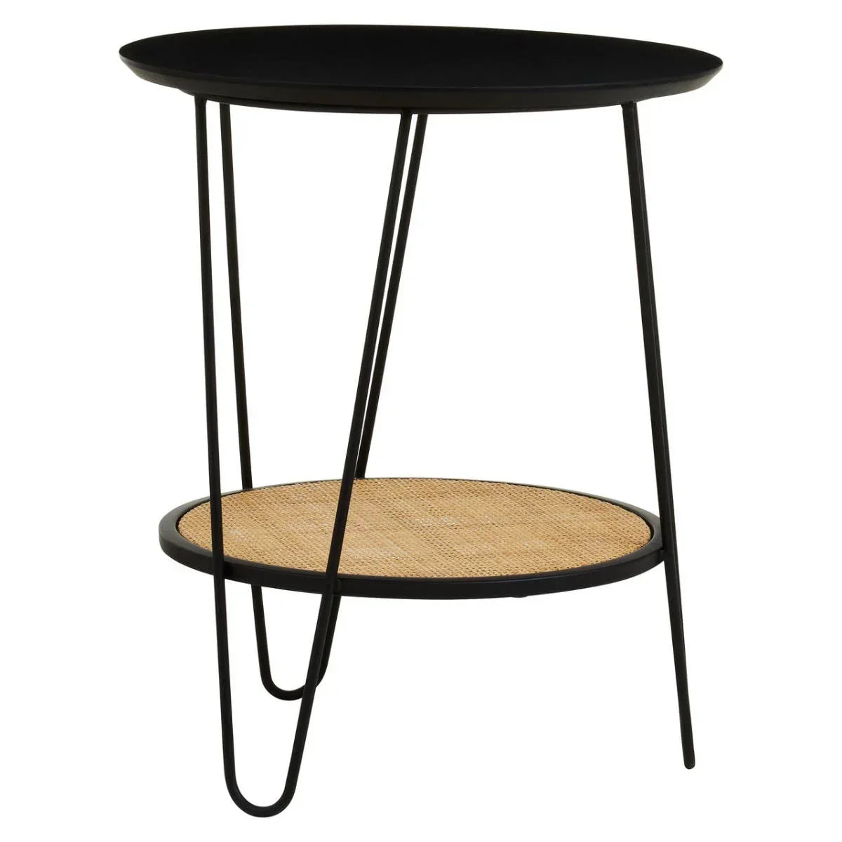 Black metal side table with round tray top and lower rattan shelf