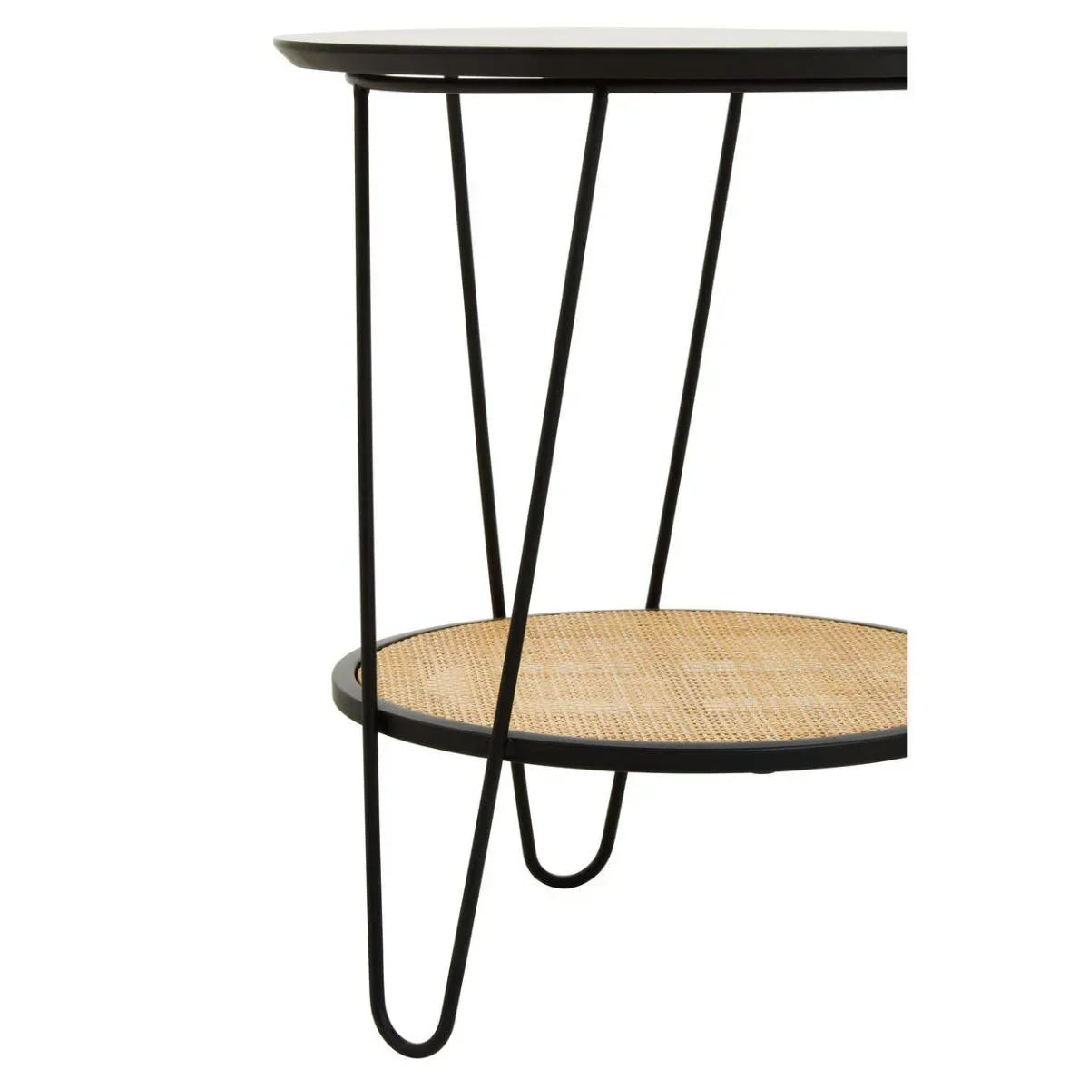 Round side table with black metal legs and woven rattan lower shelf
