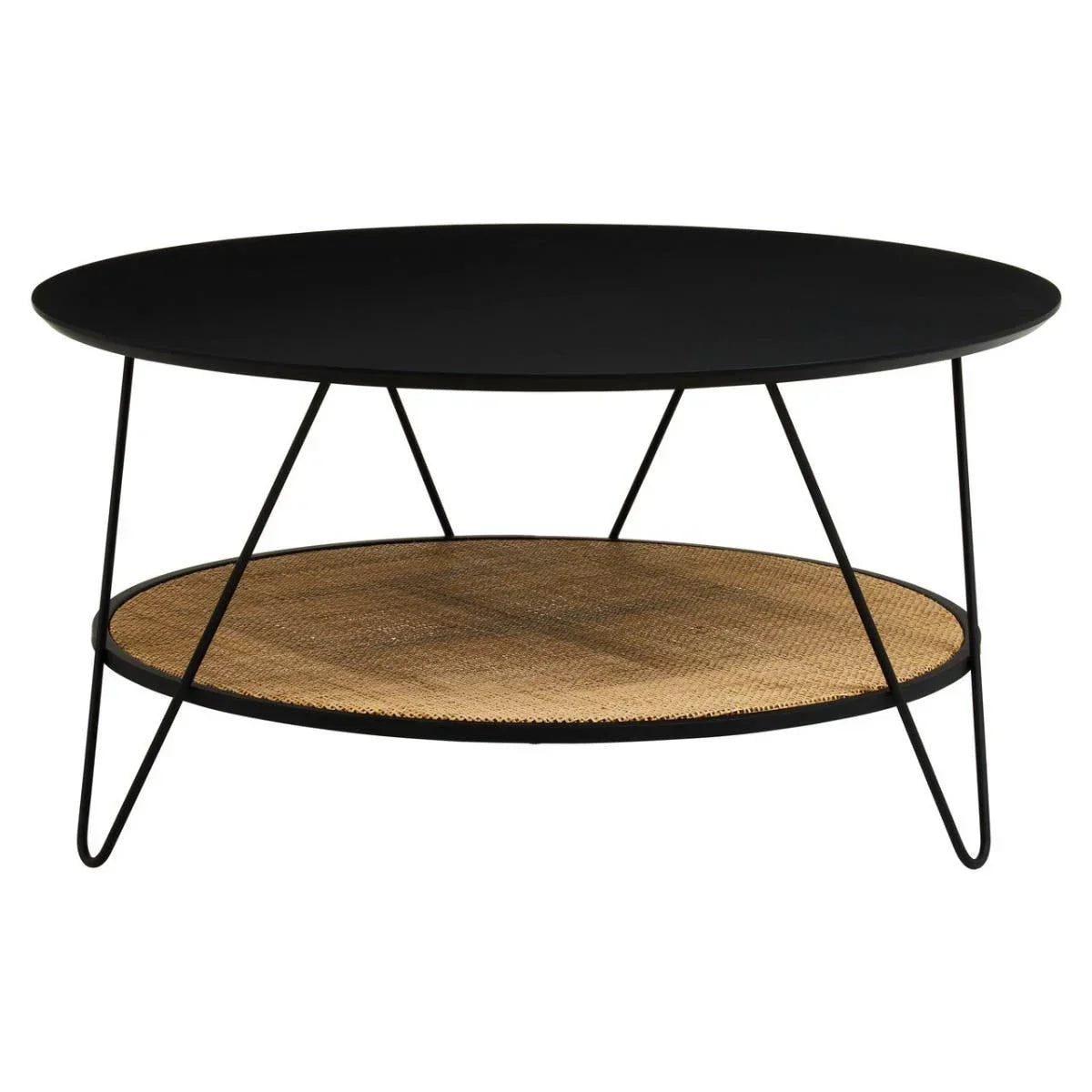 Black round coffee table with metal frame and woven rattan lower shelf