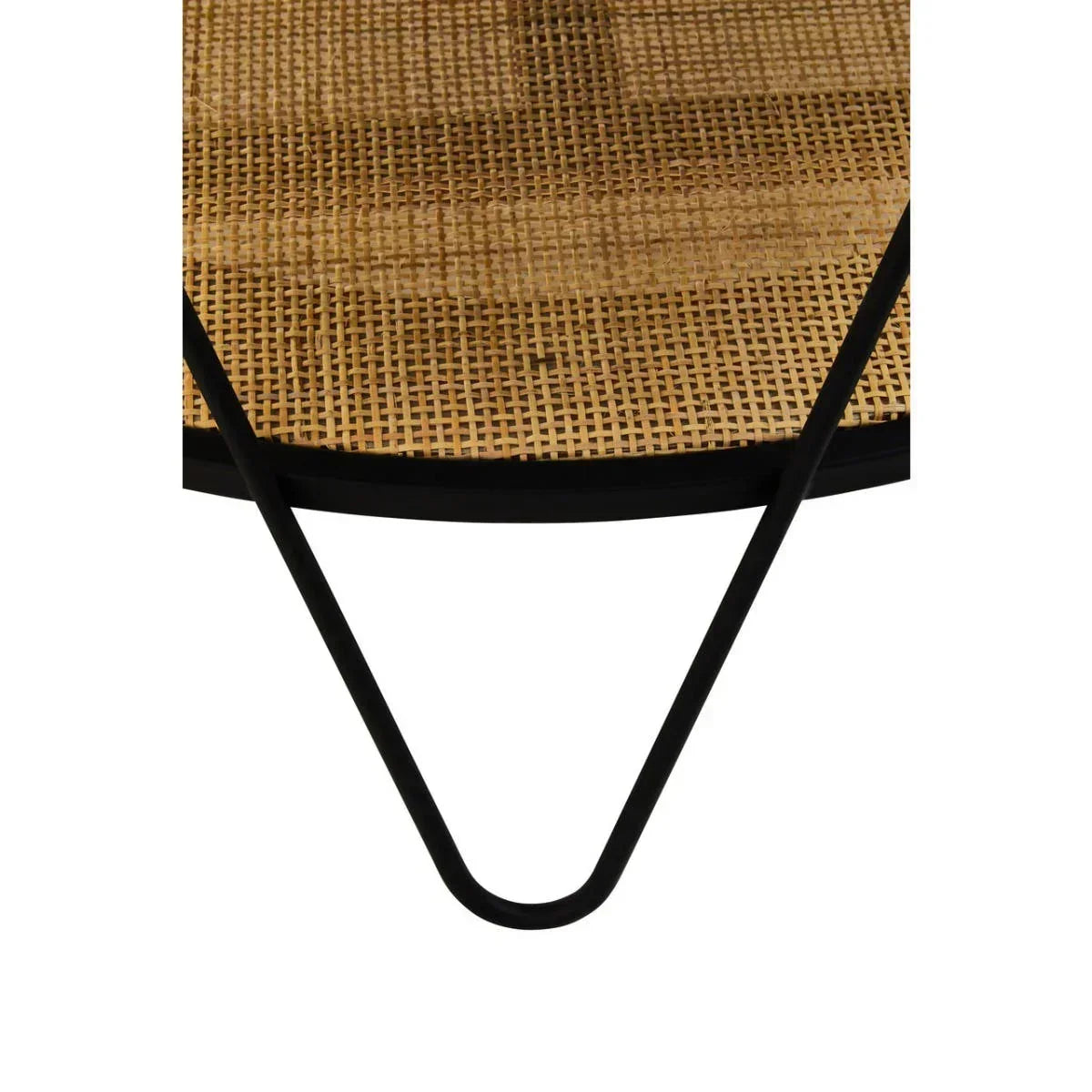 Close up of woven rattan chair seat with black metal frame