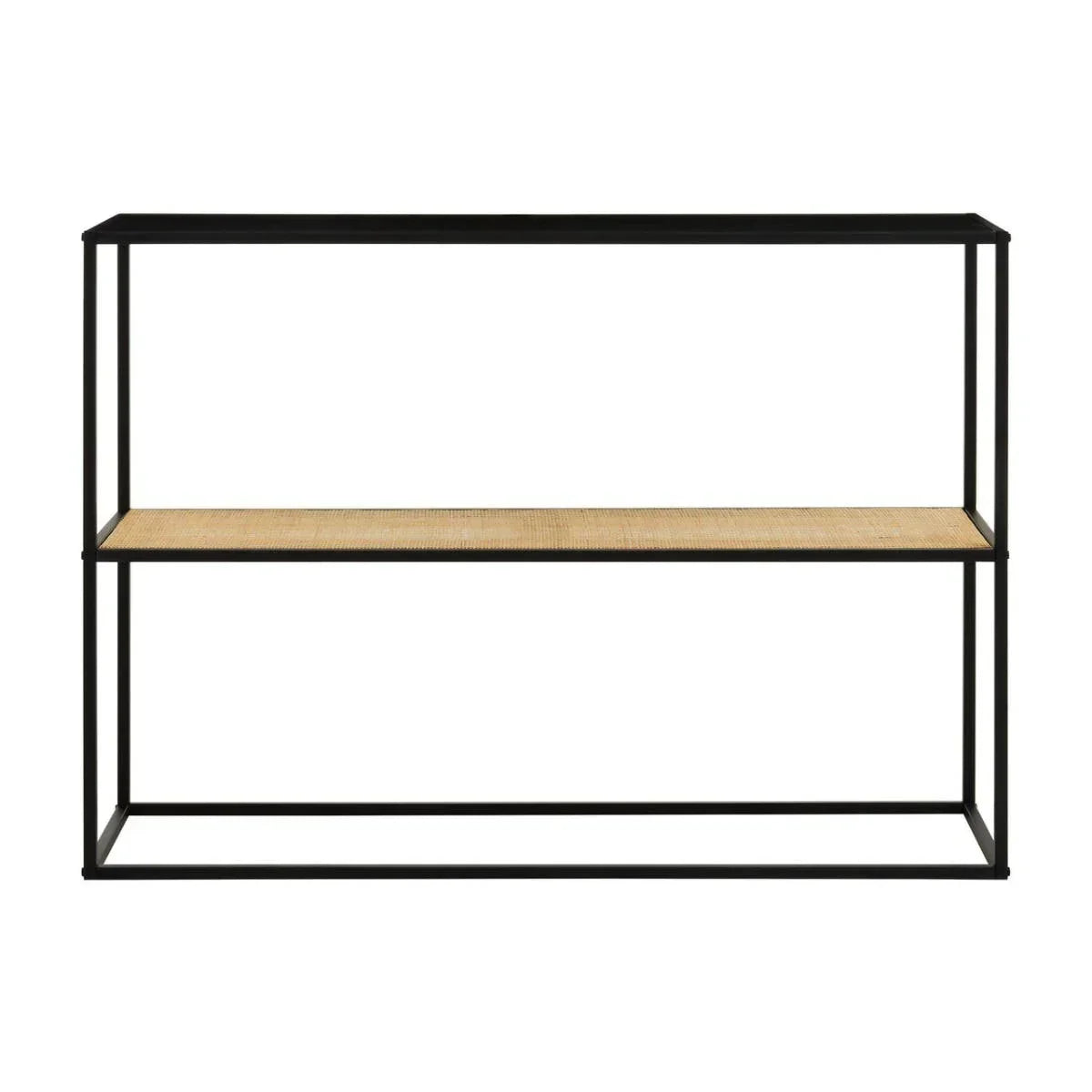 Black metal console table with rattan shelf and rectangular open frame design