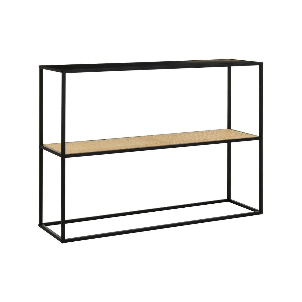 Black metal console table with light wood shelf and open frame, side view
