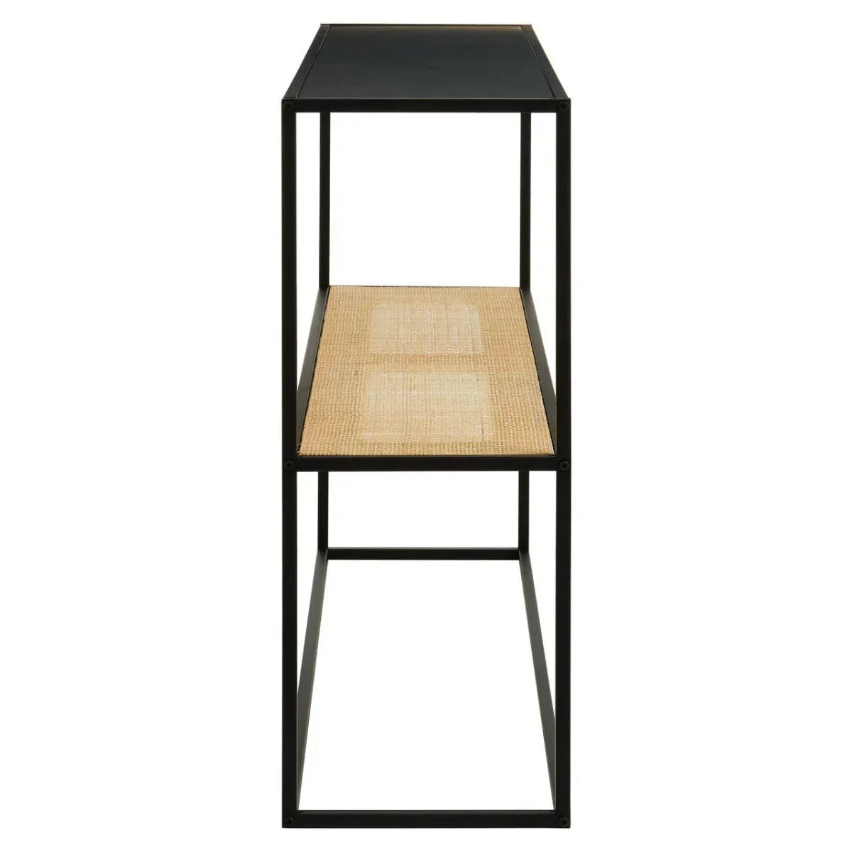 Console table with black frame, black top, and rattan shelf, side view