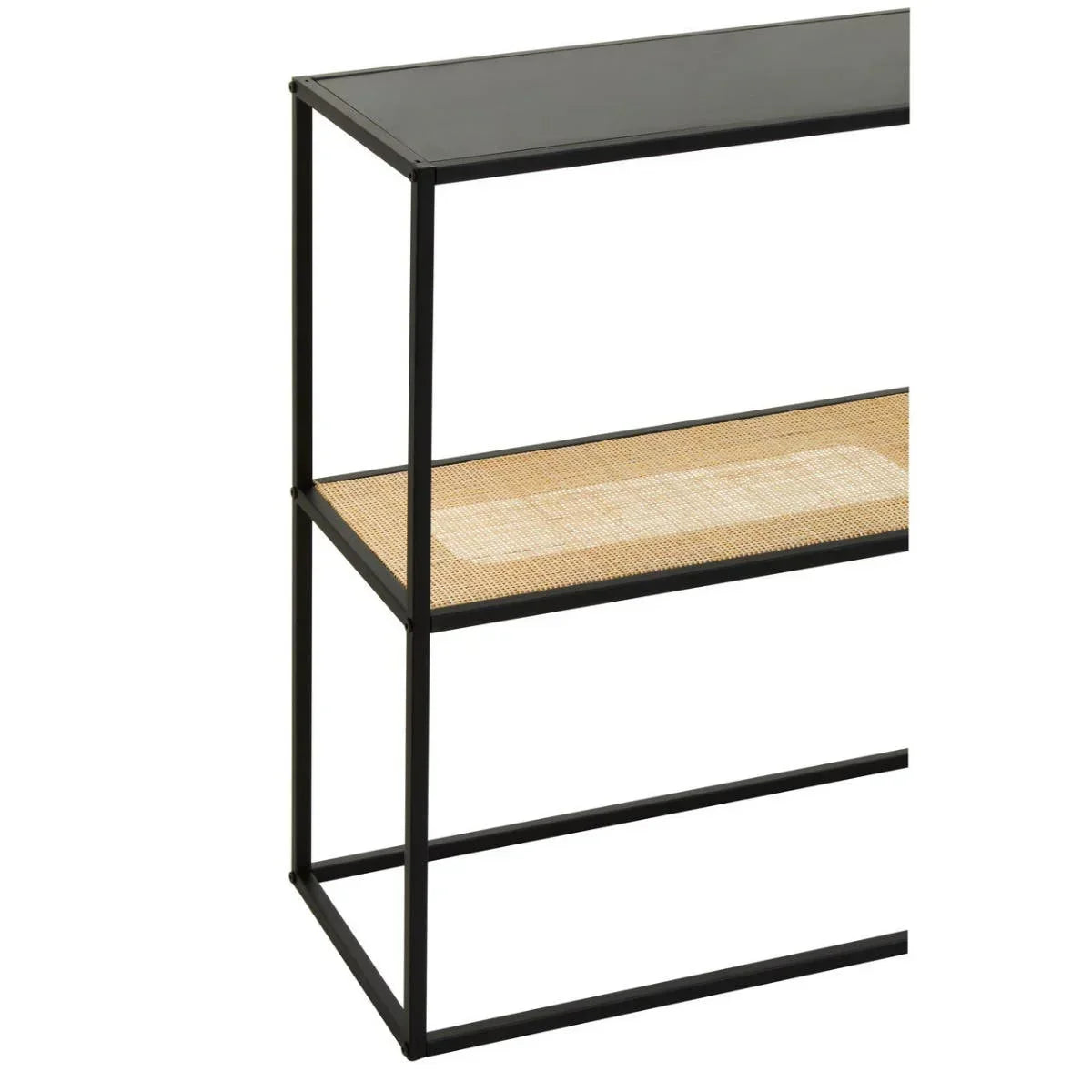Black metal console table with glass top and woven rattan lower shelf, side view