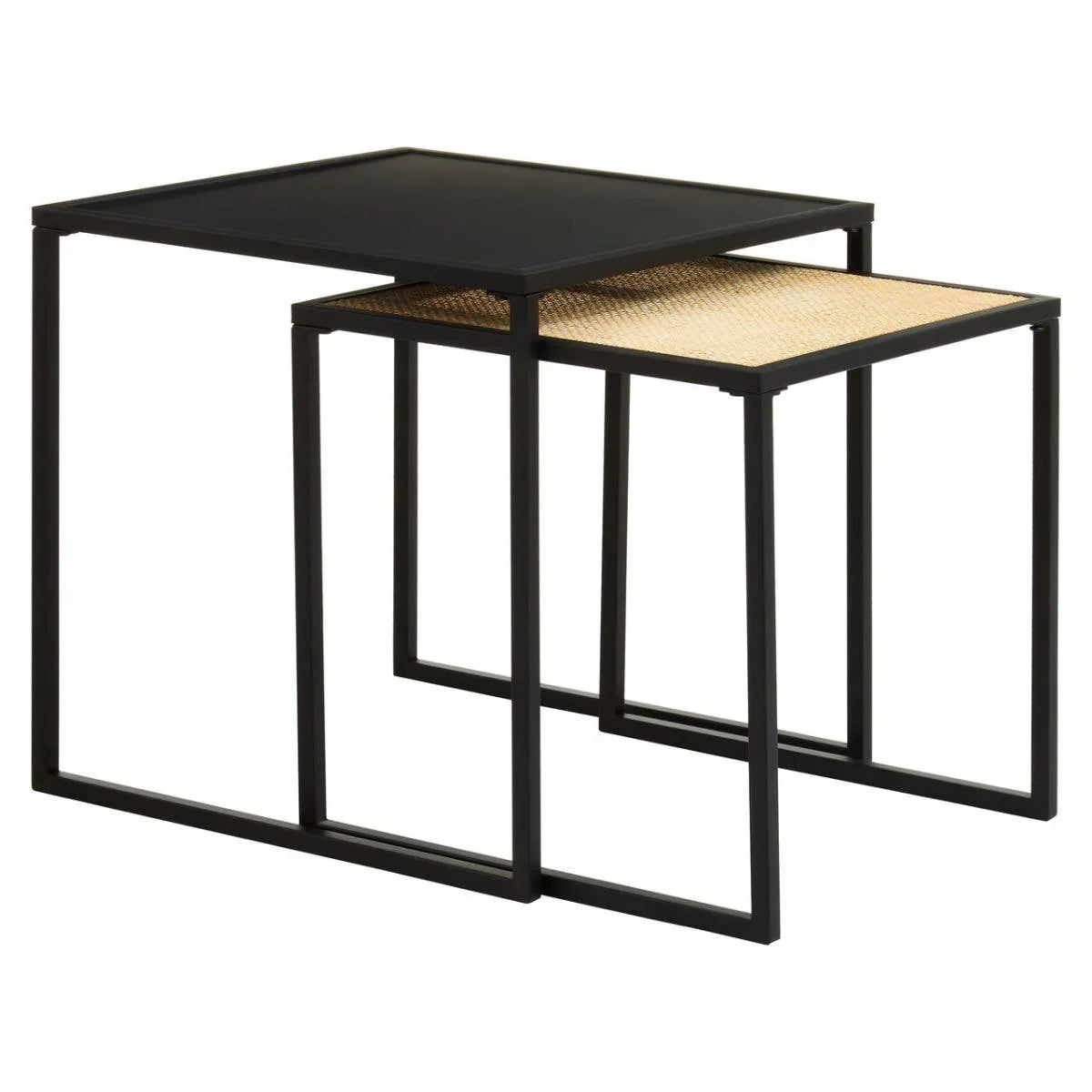 Modern black metal nesting tables set with one black top and one rattan top