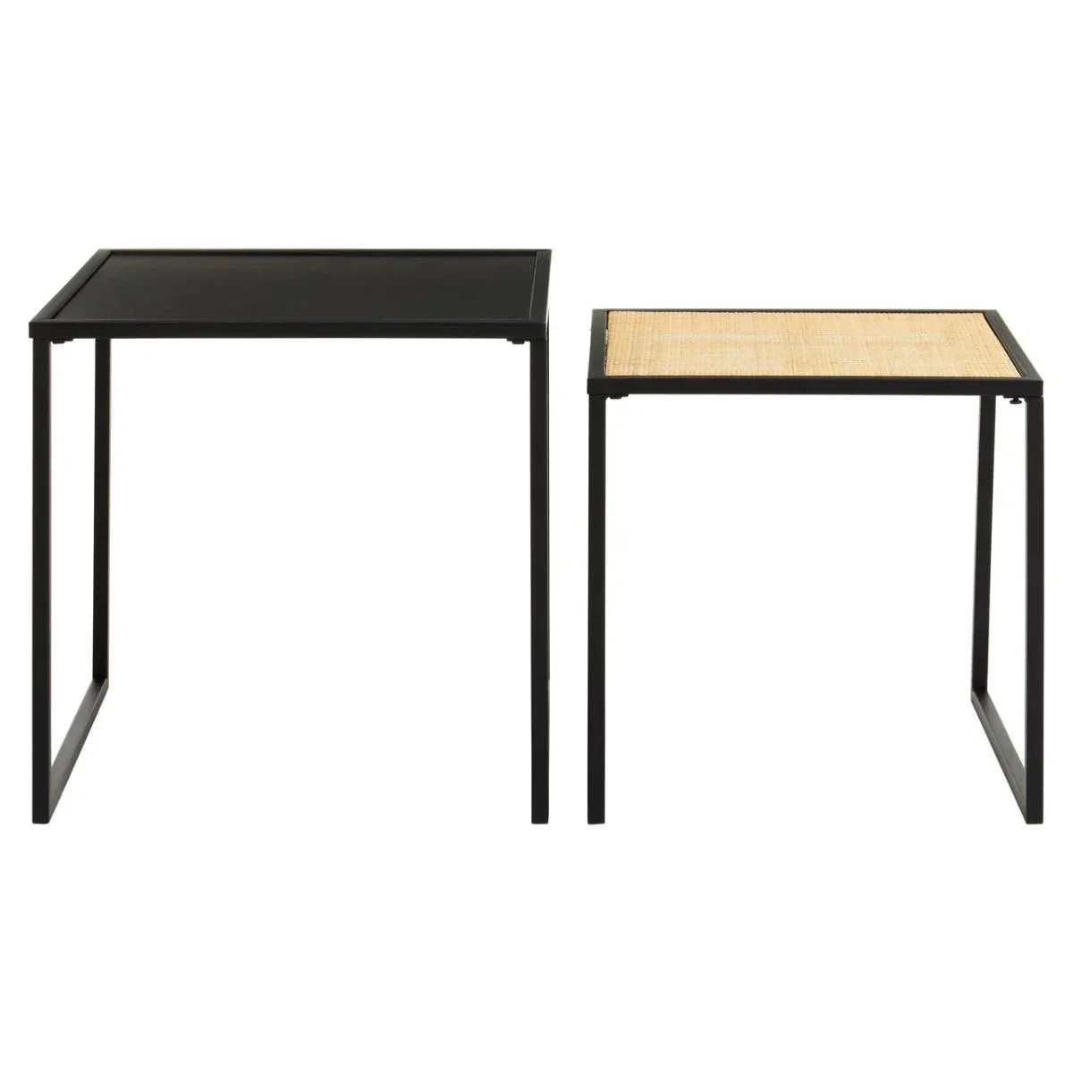 Set of two nesting side tables with black metal frames and different tops, one black, one rattan