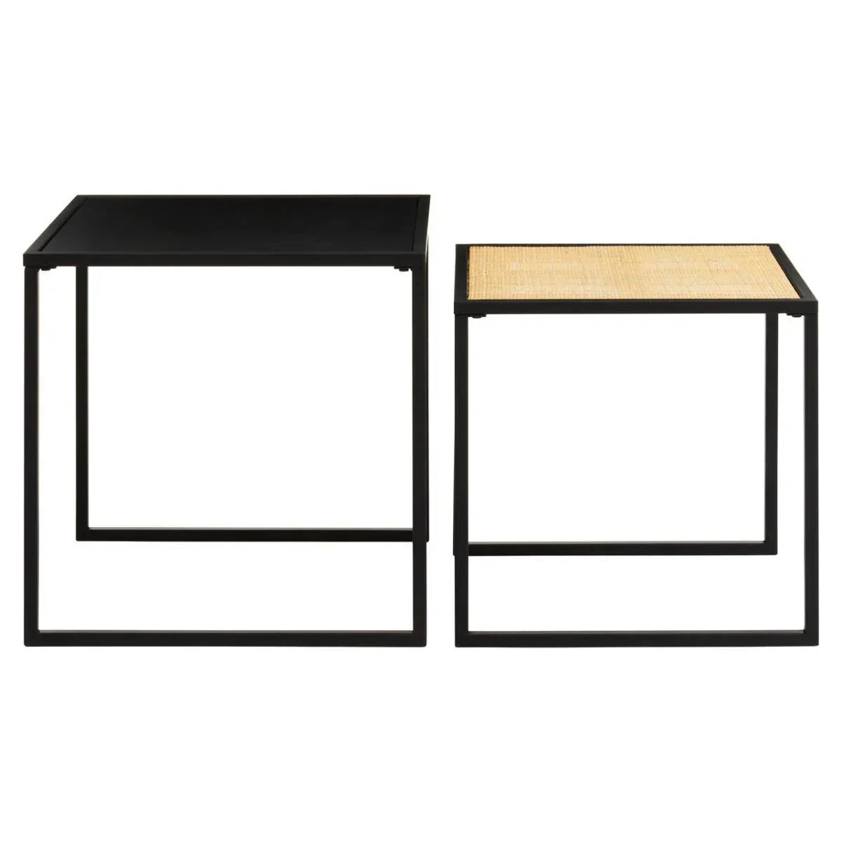 Black metal and rattan nesting side tables with square frame, front view