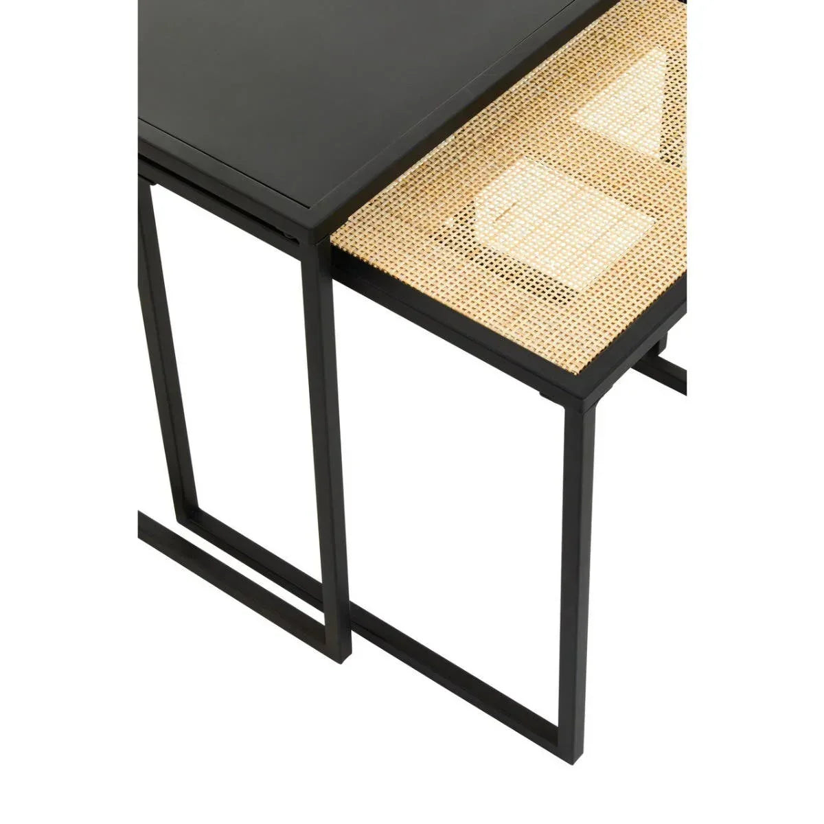 Black metal nesting tables with cane shelf and modern rectangular frames