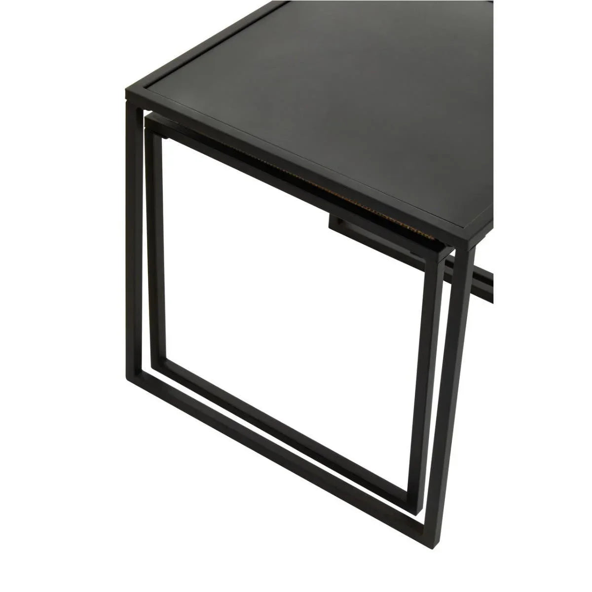 Black metal side table with square top and geometric frame, close-up of corner design
