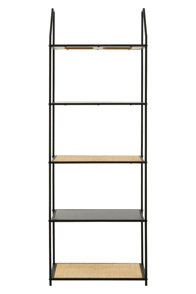 Black metal shelving unit with five shelves, mixed wood and glass, front view