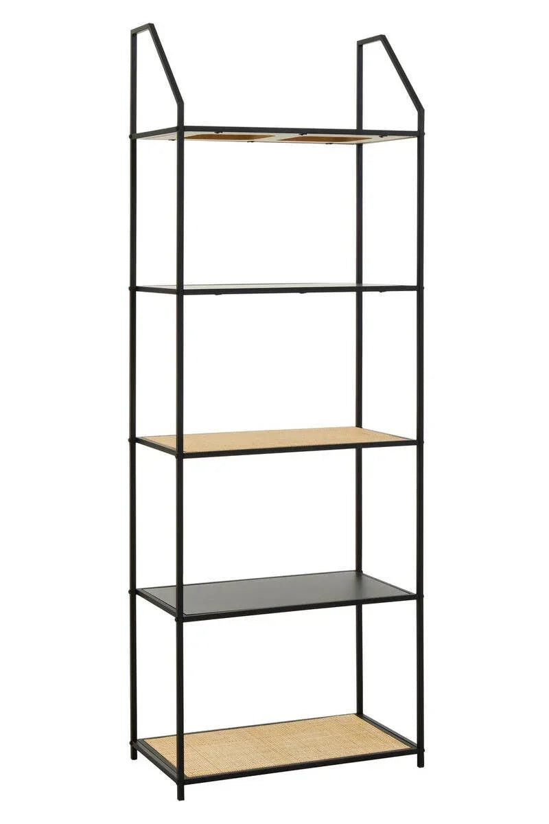 Tall black metal shelving unit with four wooden shelves and open frame design