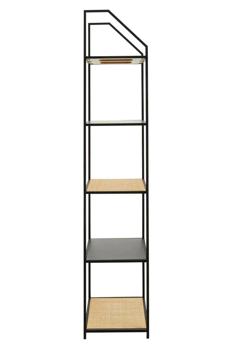 Tall black metal shelving unit with rattan shelves and open geometric frame