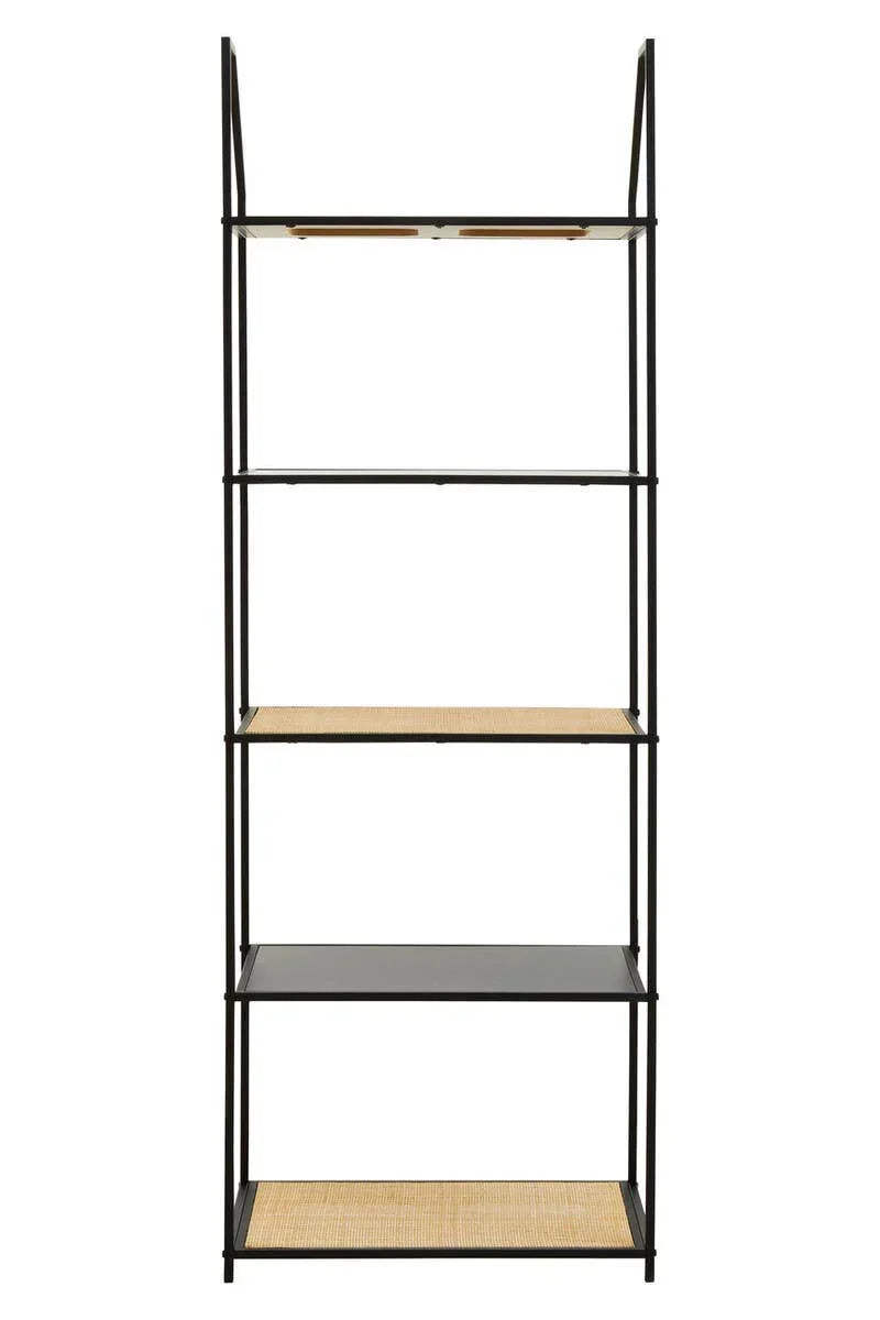 Black metal shelving unit with five shelves and rattan accents, front view