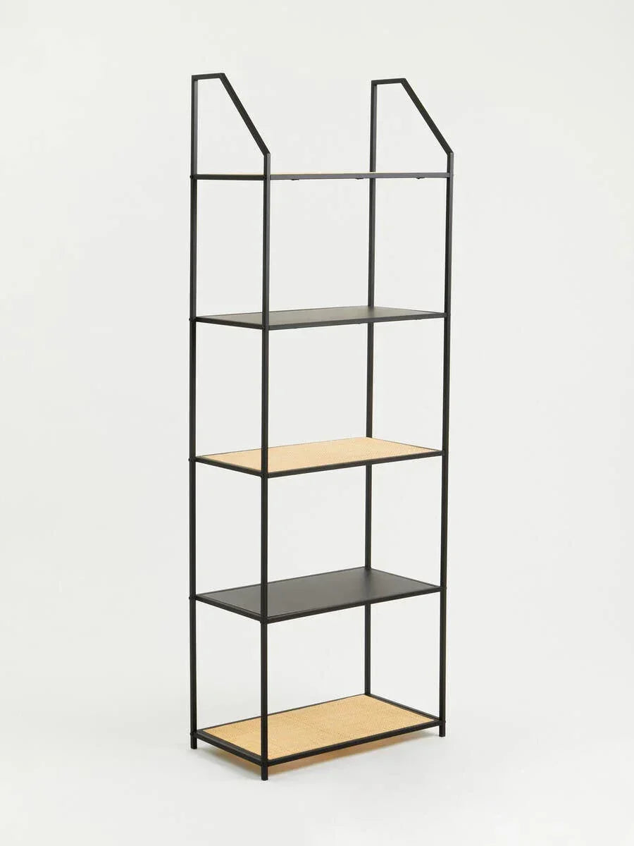 Black metal frame shelving unit with four shelves, two black and two rattan, front angle view