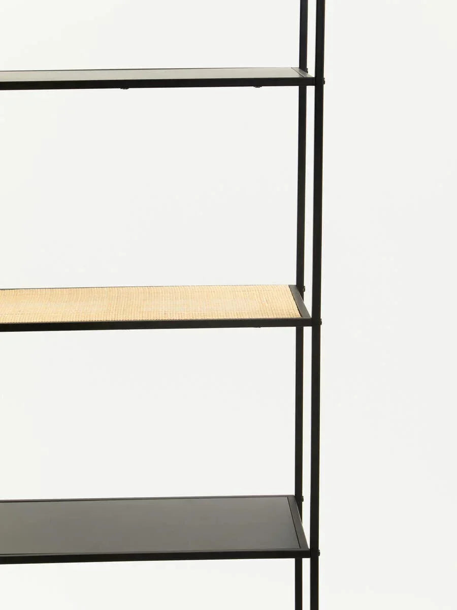 Black metal shelving unit with one natural rattan shelf and minimalist design