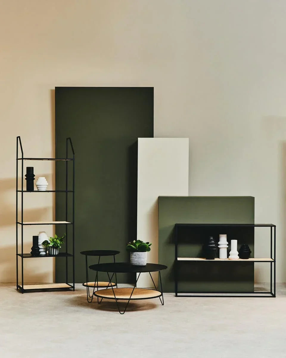 Black metal and wood living room furniture set with shelving and coffee table