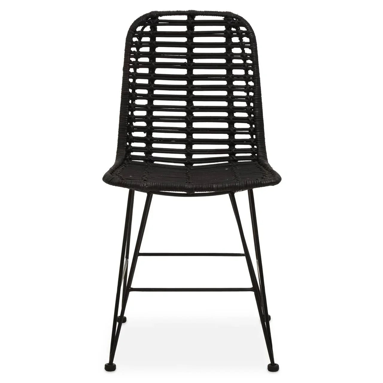 Black rattan dining chair with open weave design and metal legs, front view